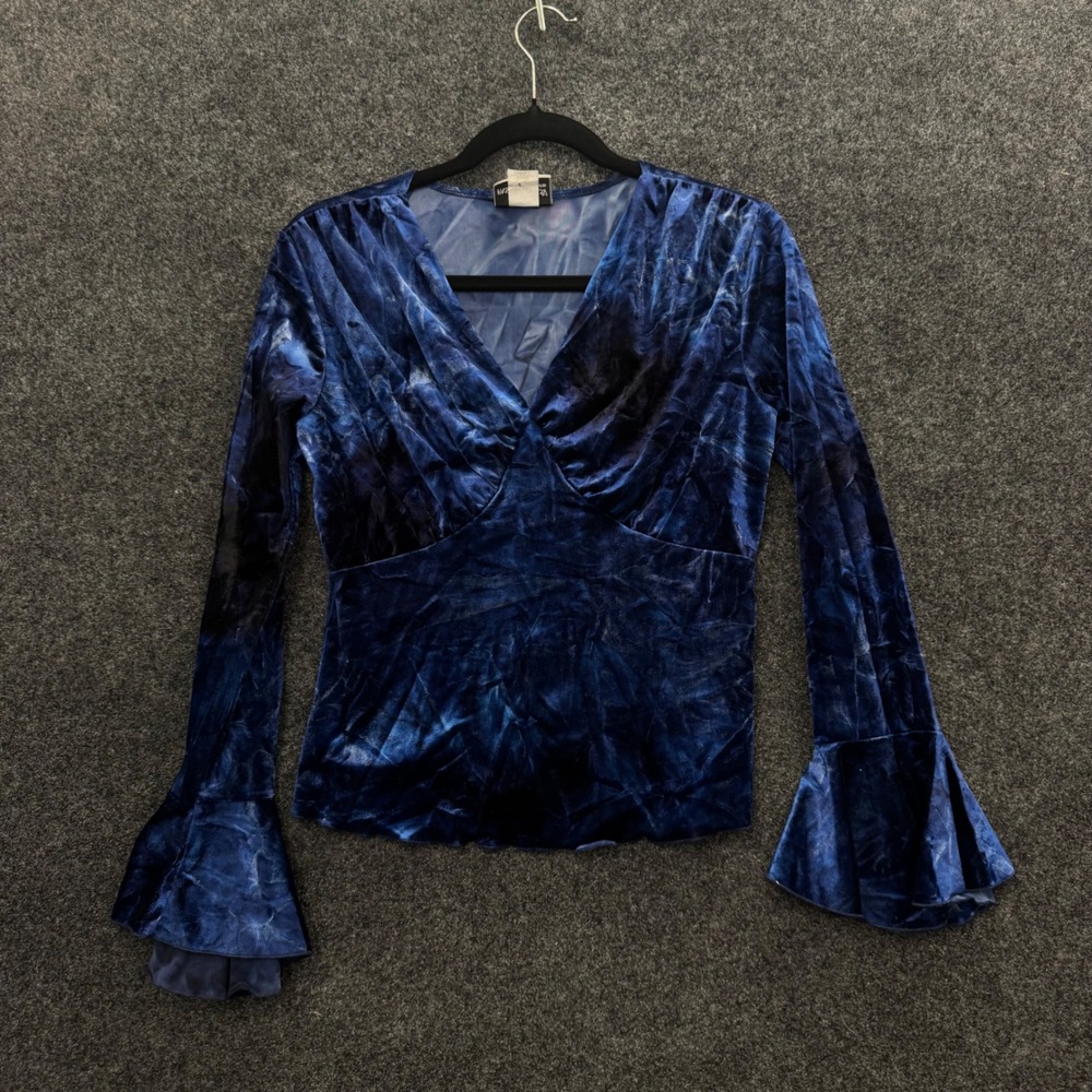 Vintage Fashion Bug 90s Blue Crushed Velvet V-Neck Bell Sleeve Top Small